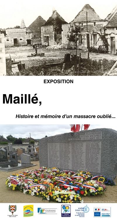 Couverture de l'exposition itinérante sur le massacre de Maillé, village martyr de la Seconde Guerre mondiale en Touraine (Indre-et-Loire, 37).