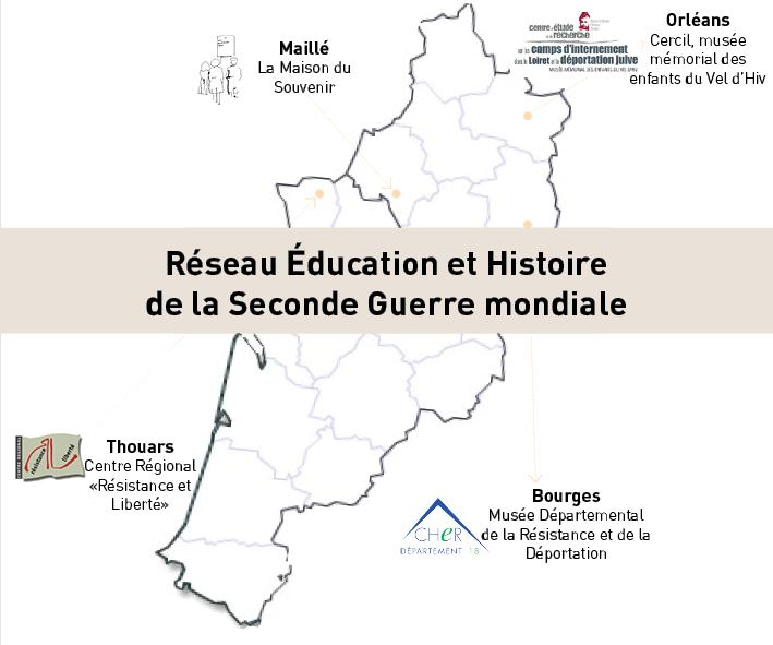 Réseau Éducation et Histoire de la Seconde Guerre mondiale auquel appartient la Maison du Souvenir de Maillé, village martyr de la Seconde Guerre mondiale (Indre-et-Loire, 37).